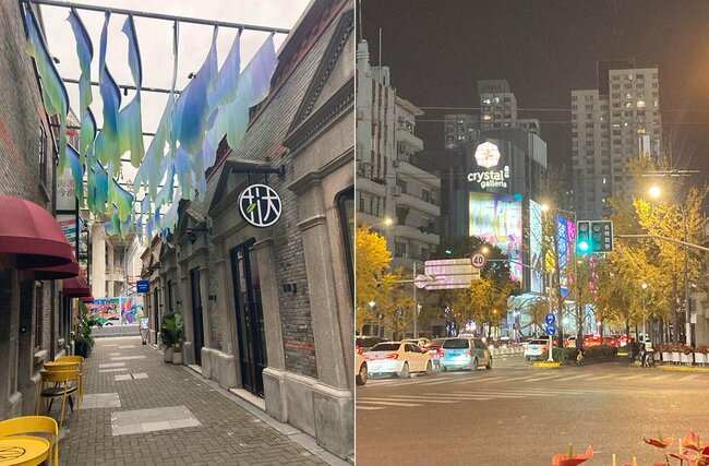 （左）上海の昔の住宅地を再開発した商業施設。日曜の午後なのに閑散としている。（右）上海の夜の街。イルミネーションはきれいだが人がいない。（筆者撮影）