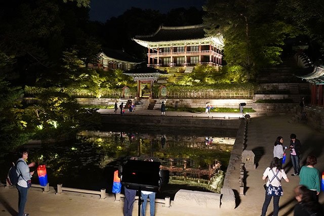 ライトアップされた後苑の宙合楼